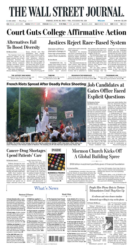The front page of The Wall Street Journal - Thursday - 30.06.2023 Picture