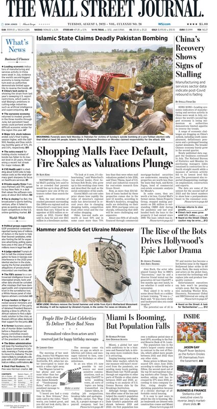 The front page of The Wall Street Journal - Tuesday 01.08.2023 Picture