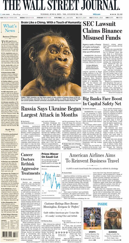 The front page of The Wall Street Journal - Tuesday 06.06.2023 Picture