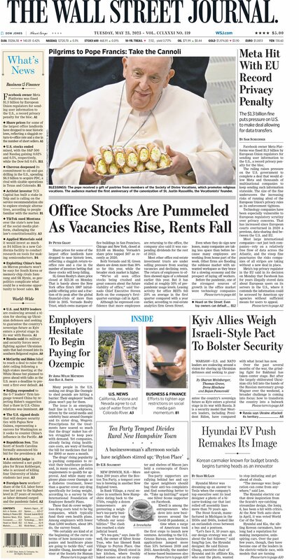 The front page of The Wall Street Journal - Tuesday 23.05.2023 Picture