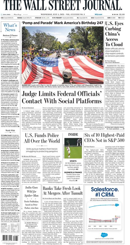 The front page of The Wall Street Journal - Wednesday - 05.07.2023 Picture