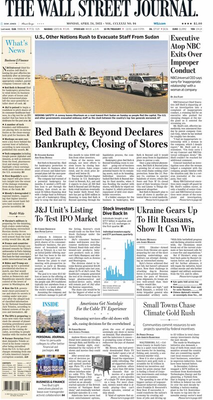 Front page of The Wall Street Journal 24.04.2023 Picture