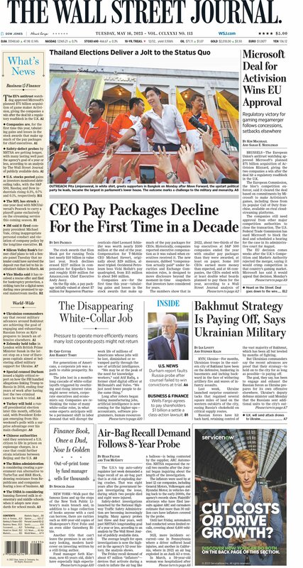 The Wall Street Journal - Front Page Tuesday 16.05.2023 - Macro Traders Blog Picture