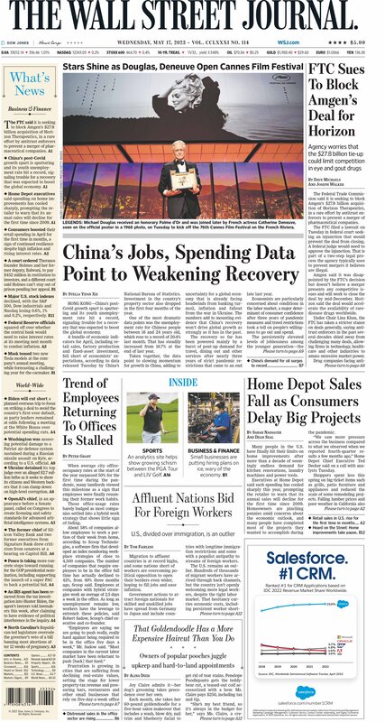 The Wall Street Journal - Front page Wednesday 17.05.2023 Picture