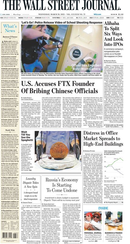 First page of the Wall Street Journal 29 March 2023 Picture