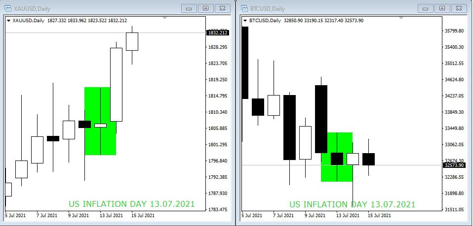Xau/Usd and Btc/Usd Gold and Bitcoin Daily Timeframe Analysis Inflation Day 2021 July Picture